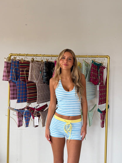 LEMON PIE Tankini by ISMÊ SWIM, push-up halter tankini top in blue and white Lemon Pie stripes