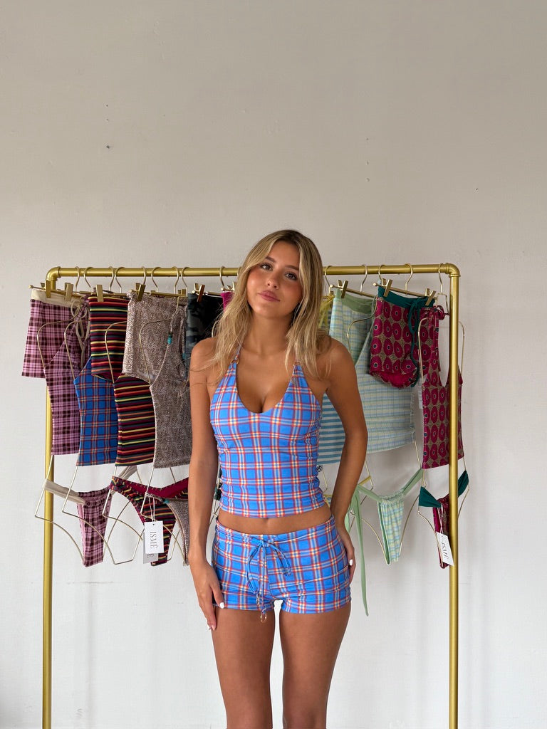 DOUBLES Tankini by ISMÊ SWIM, push-up halter tankini top in Doubles blue plaid