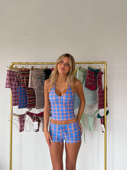 DOUBLES Tankini by ISMÊ SWIM, push-up halter tankini top in Doubles blue plaid